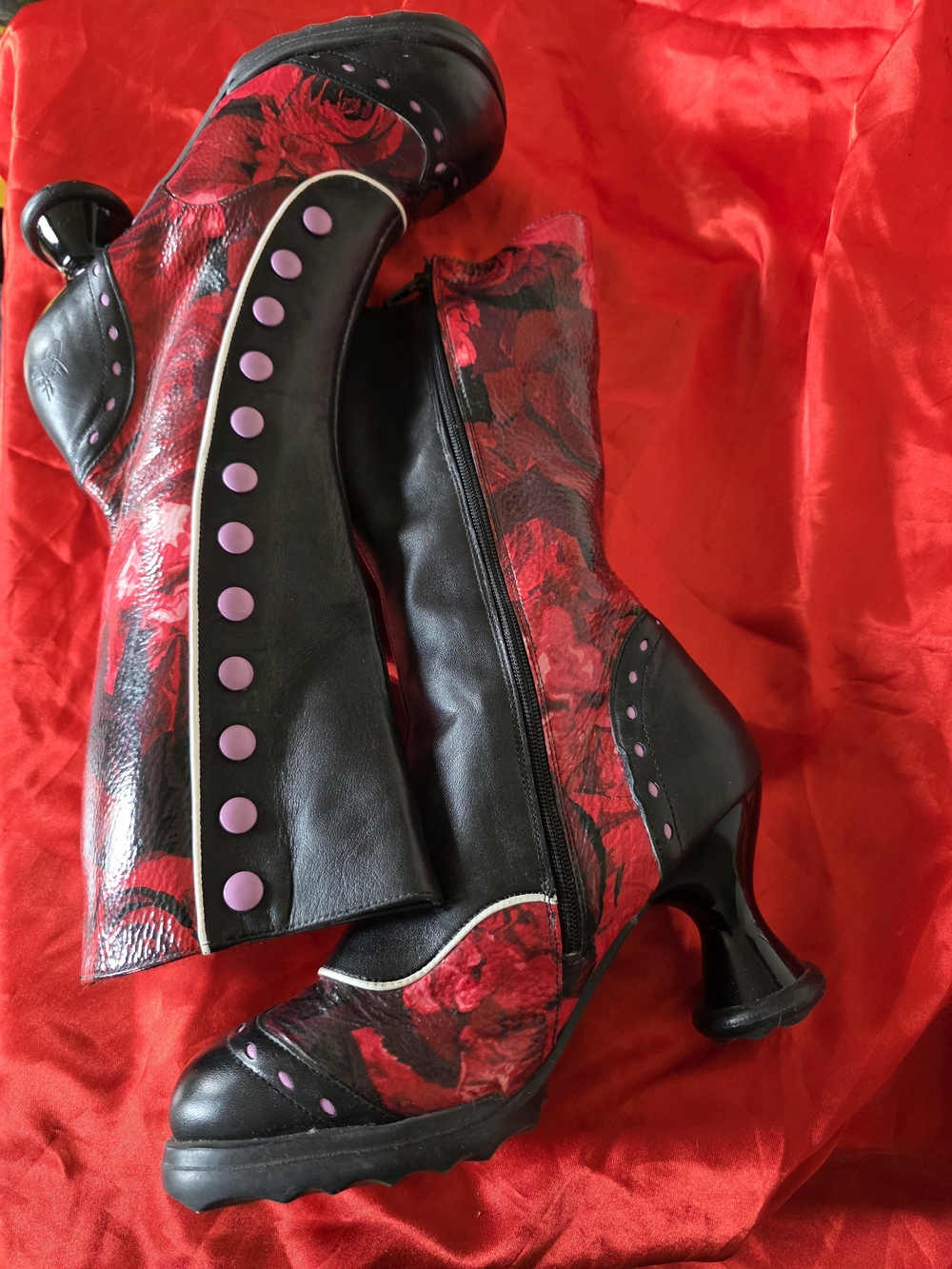 Fluevog Floral Babycakes Mid-Calf Heeled Boots with Red and Pink Accents